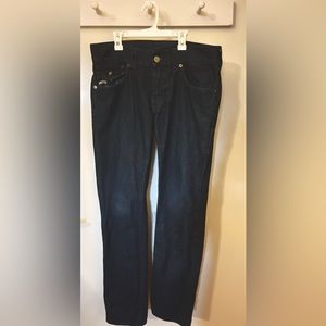 True Religion Men's Straight Flap World Tour Big T Gold Jeans. Size 32 x 32.